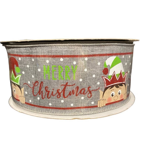 Merry Christmas Holiday Elf 100 Ft Spool Roll Ribbon Grey  Wired Edge 2.5” Bow - Picture 6 of 6